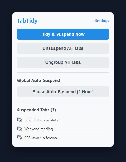 TabTidy popup showing grouping and suspension controls with three example tabs.