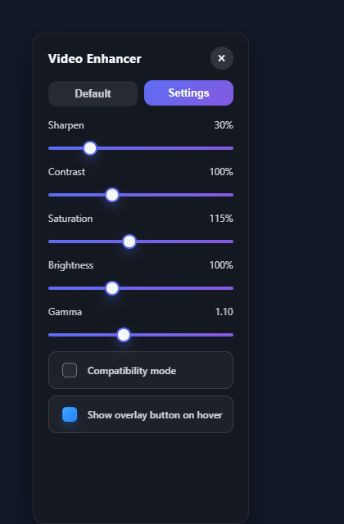 Video Enhancer settings showing sharpening, contrast, saturation, brightness, and gamma sliders.